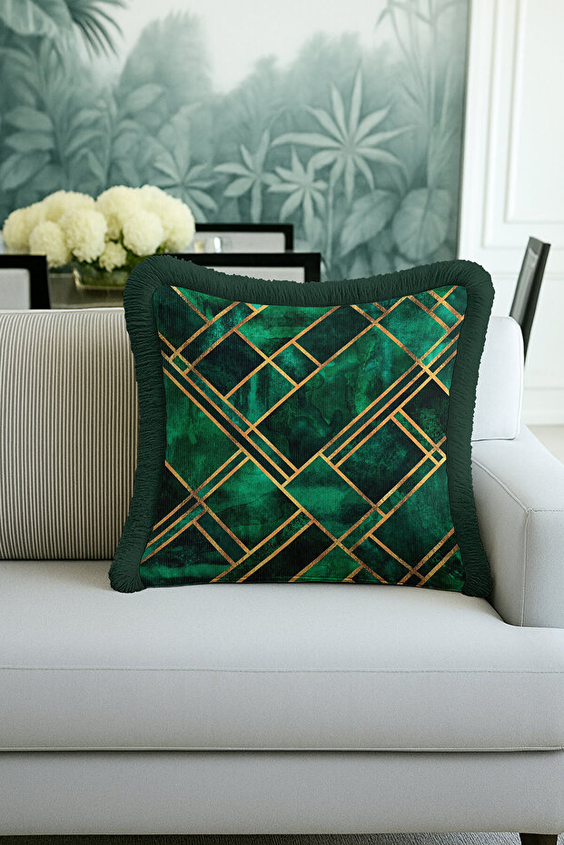Elegant Geometric Striped Fringed Pillowcase - Modern Emerald Green Gold Tassel Throw Pillow Cover