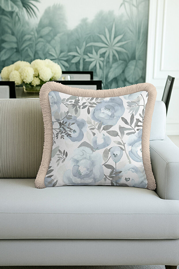 Modern Floral Motif Fringed Pillowcase - Pastel Blue Bohemian Beige Tassel Throw Pillow Cover