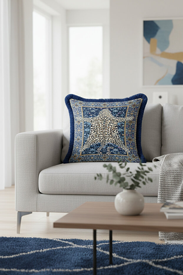 Luxury Leopard Figured Fringed Pillowcase - Elegant Bohemian Gray Navy Blue Tassel Throw Pillow Cover