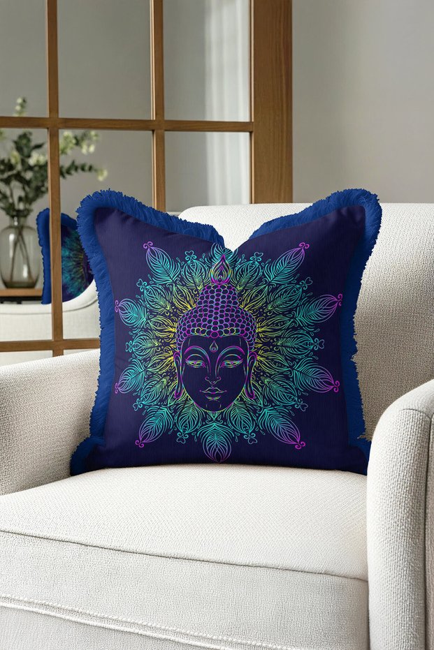 Mandala Buddha Portrait Fringed Pillowcase - Spiritual Bohemian Blue Yellow Tassel Throw Pillow Cover