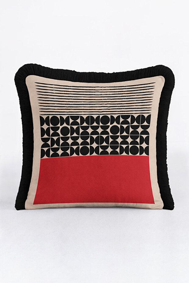 Geometric Modern Art Fringed Pillowcase - Minimal Red Black Bohemian Tassel Throw Pillow Cover