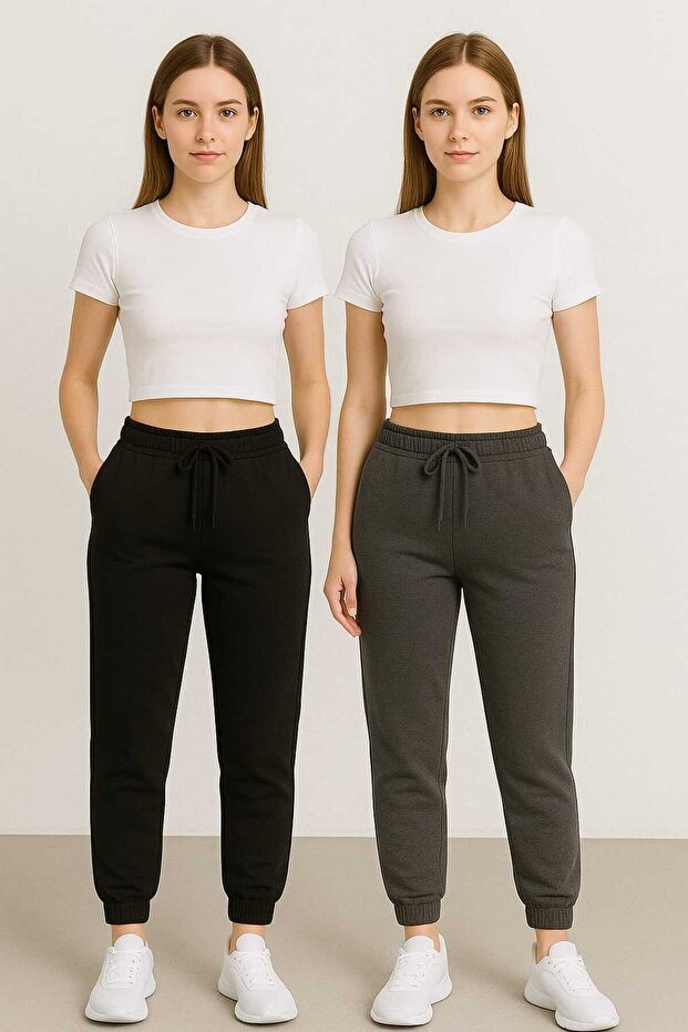 2 Pack Black-Anthracite Standard Fit Regular Cut 2 Thread Pockets Comfortable Jogger Sweatpants
