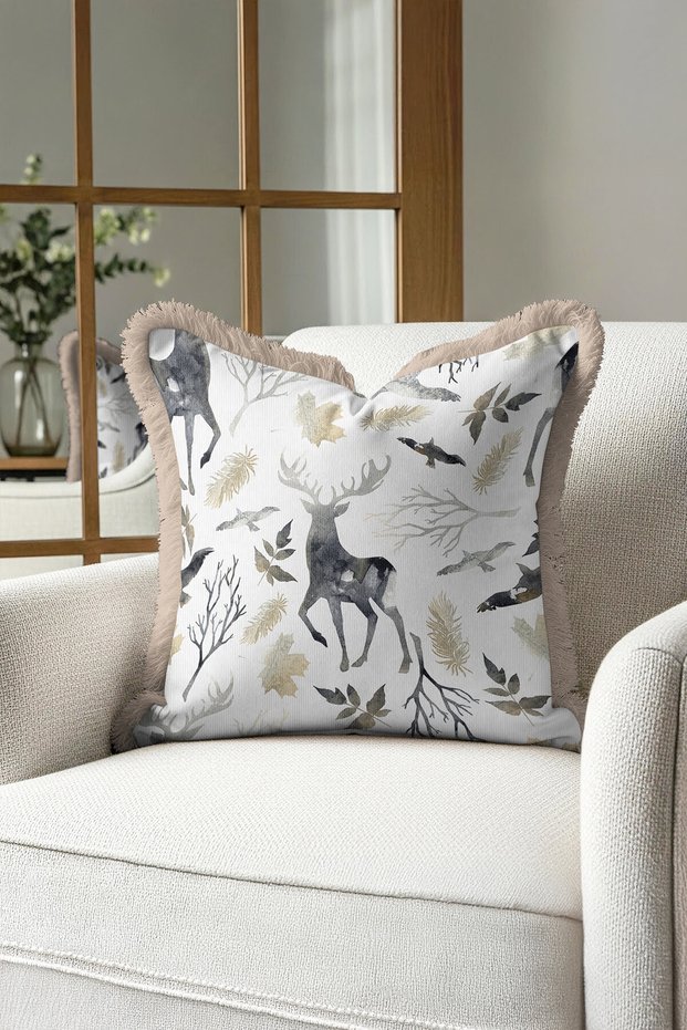 Luxury Forest Animals Fringed Pillowcase - Natural Country Grey Gold Color Tassels Throw Pillow Cover
