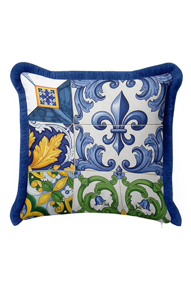 Luxury Baroque Fringed Pillowcase - Mediterranean Eclectic Blue Green Gold Color Tassel Throw Pillow Cover