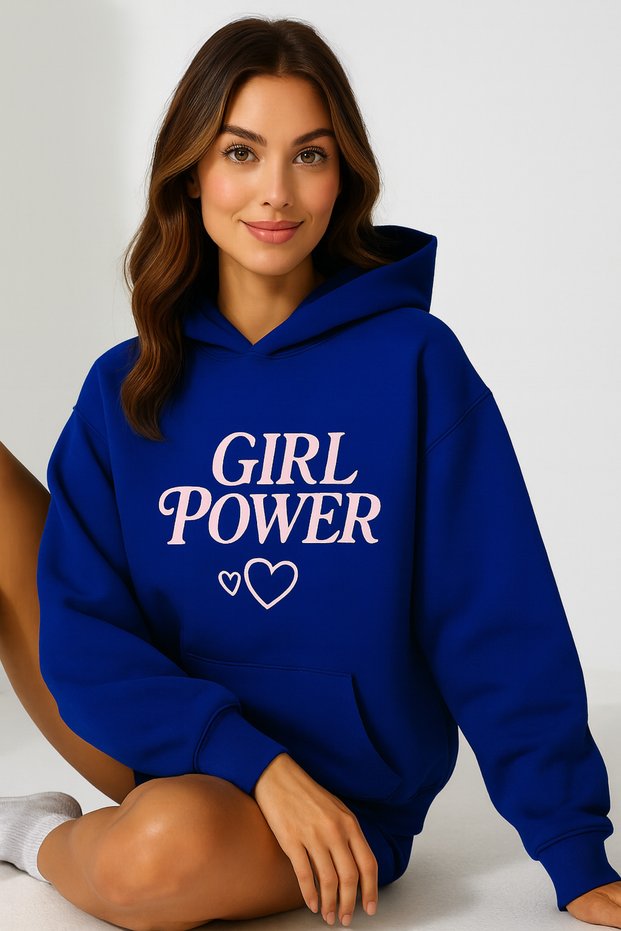 Women's Hooded Kangaroo Pocket Oversize Sweatshirt with Front Girl Power Lettering Casual Daily Style