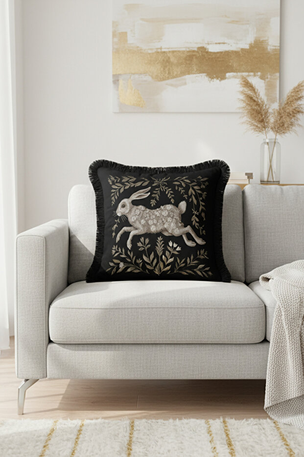 Magic Rabbit Motif Luxury Fringed Pillowcase-Floral Black Cream Bohemian Tassel Throw Pillow Case