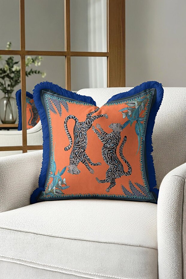 Exotic Leopard Print Fringed Pillowcase - Bohemian Orange Blue Tassel Throw Pillow Cover