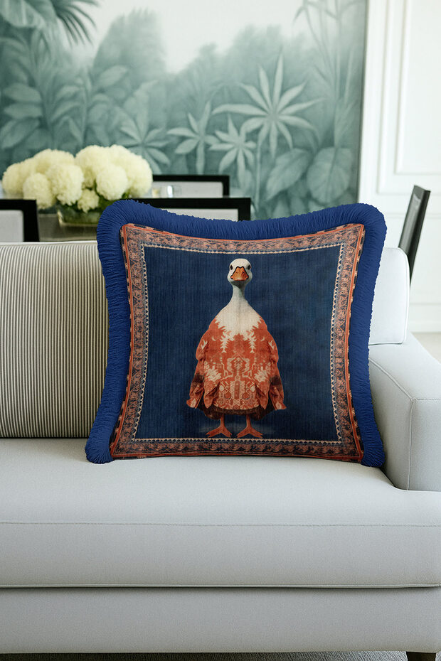 Ethnic Luxury Fringed Pillowcase - Artistic Animal Figure Bohemian Navy Blue Tassel Throw Pillow Cover