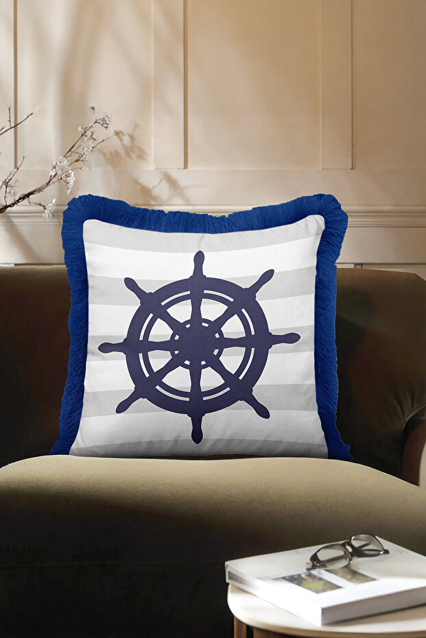 Nautical Marine Fringed Pillowcase - Sailor Style Navy Blue White Marine Tassel Throw Pillow Cover
