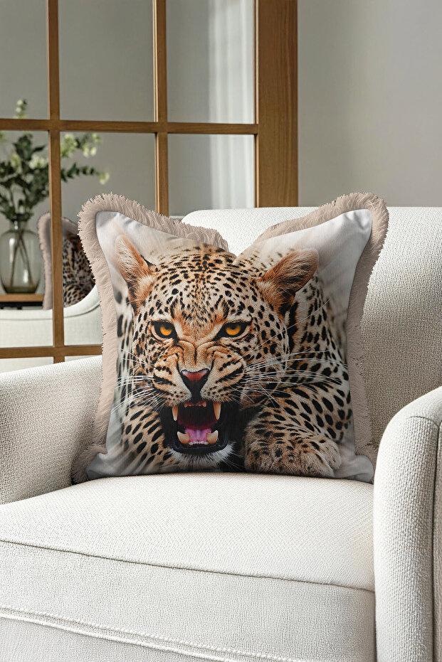 Leopard Patterned Luxury Fringed Pillowcase-Safari Themed Beige Tassel Throw Pillow Cover with Tiger Figure
