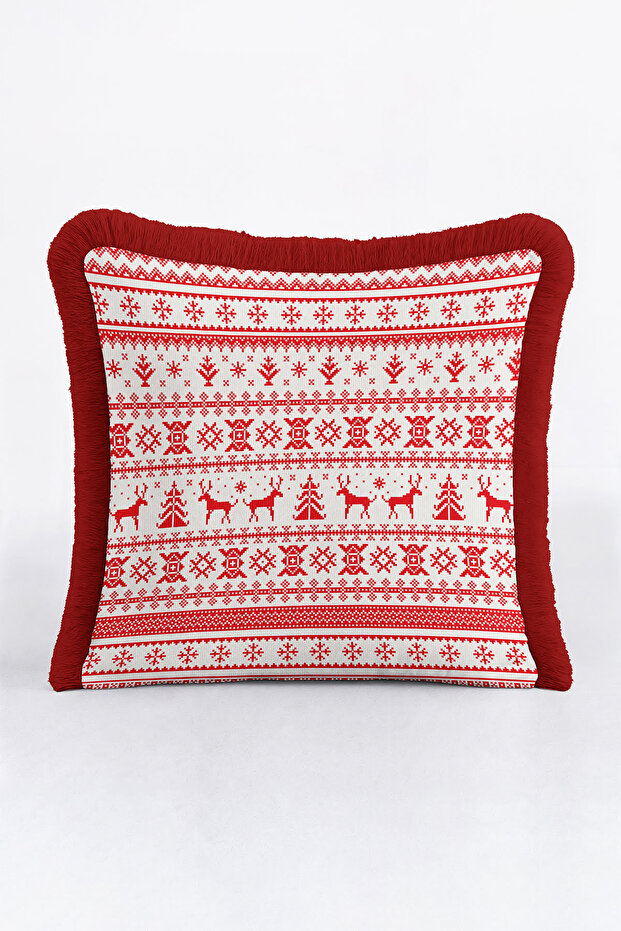 Nordic Winter Motif Fringed Pillowcase-Christmas Themed Red Rustic Tassel Throw Pillow Cover with Deer