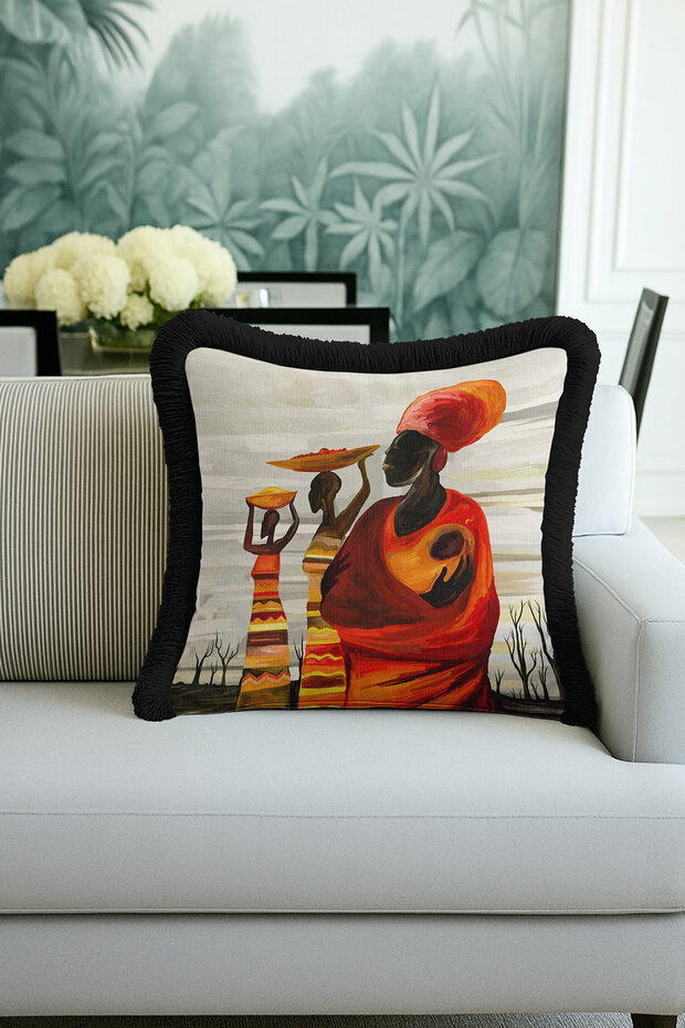 Ethnic African Art Fringed Pillowcase - Bohemian Orange Black Tassel Throw Pillow Cover