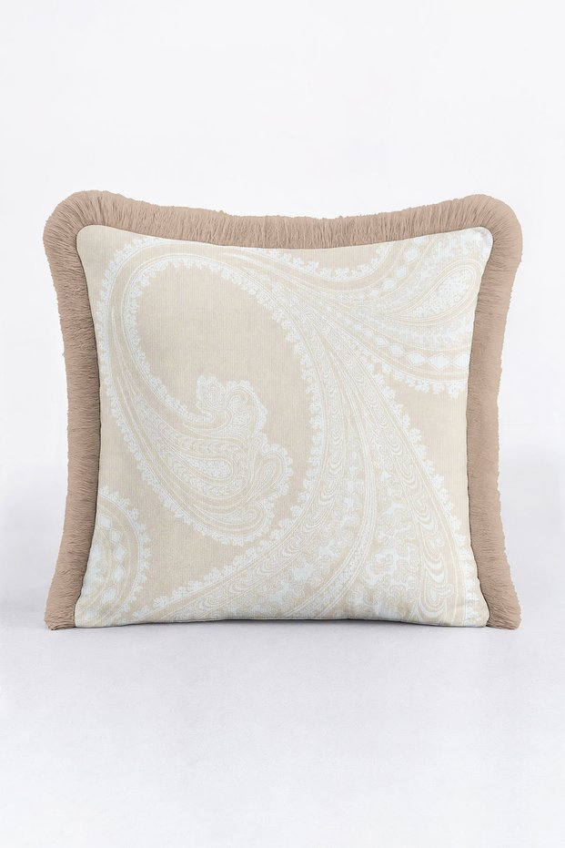 Elegant Damask Motif Luxury Fringed Pillowcase-Cream Beige Gold Color Classic Tufted Throw Pillow Cover