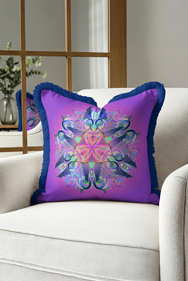 Purple Palace Elegance Fringed Pillowcase-Modern Blue Tufted Throw Pillow Cover with Bohemian Peacock Motif