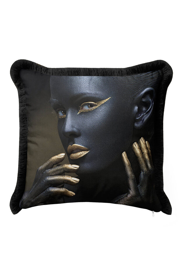 Luxury Art Portrait Fringed Pillowcase - Modern Black Gold Color Tassel Throw Pillow Cover