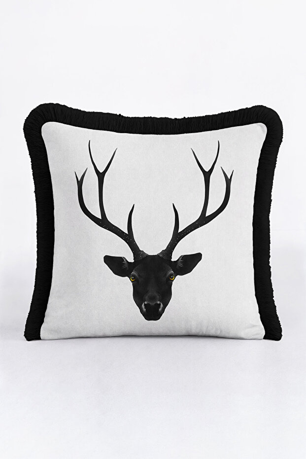Black Deer Figured Fringed Pillowcase - Minimalist Natural Modern Monochrome Tufted Throw Pillow Cover