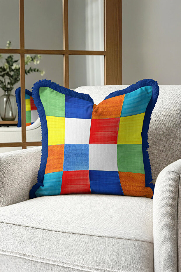 Vibrant Colorful Mosaics Fringed Pillowcase-Geometric Squares Modern Blue Tufted Throw Pillow Cover