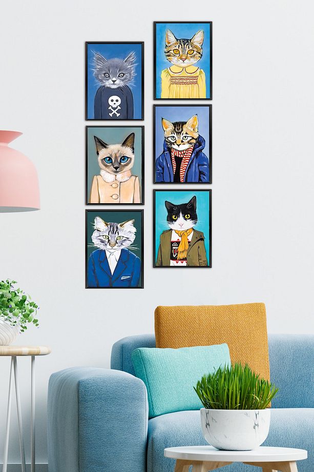 6'lı Kedi Tablosu Mutfak Tabloları Anneye Hediye Mdf Tablo 6'lı Duvar Tabloları Salon Tablosu - 1