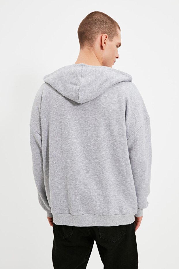 Gri Oversize/Geniş Kesim Fermuarlı Kapüşonlu Şardonsuz Sweatshirt-Hırka TMNAW22SW0620 - 10
