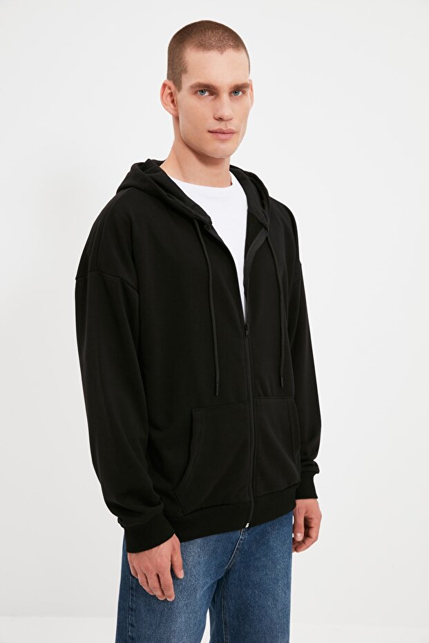 Siyah Oversize/Geniş Kesim Kapüşonlu Fermuarlı Şardonsuz Sweatshirt-Hırka TMNAW22SW0620 - 1