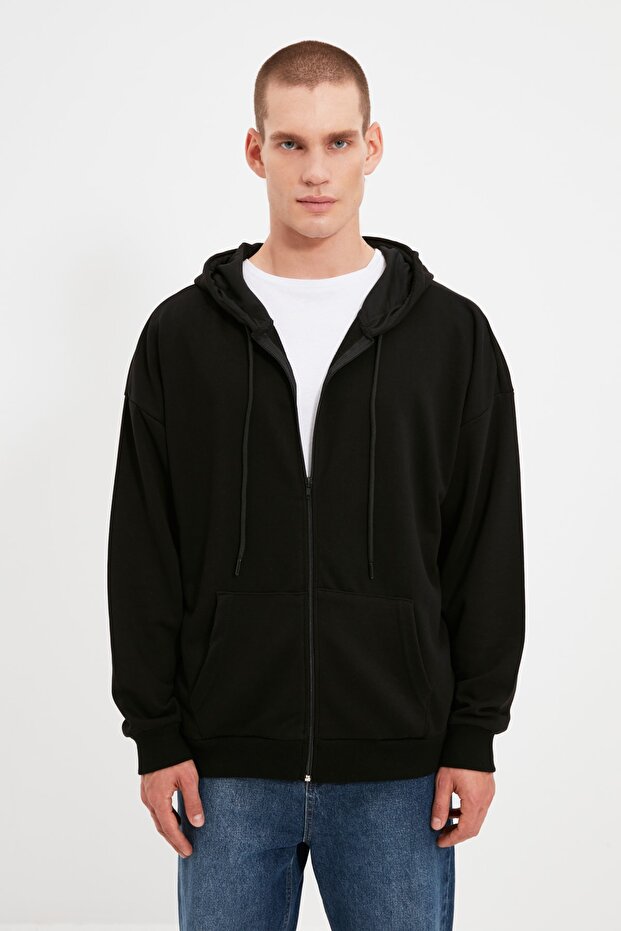 Siyah Oversize/Geniş Kesim Kapüşonlu Fermuarlı Şardonsuz Sweatshirt-Hırka TMNAW22SW0620 - 3