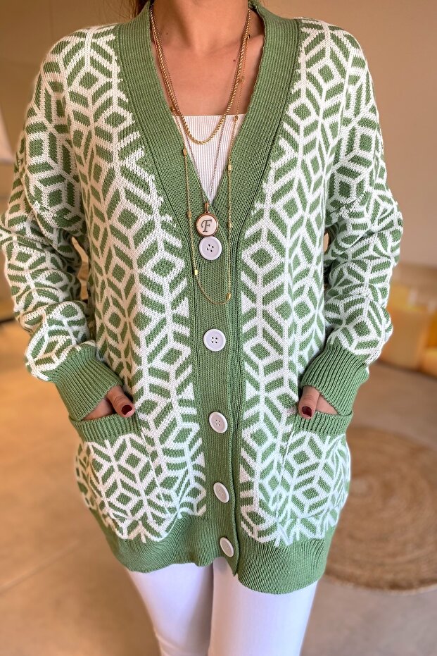 Women's Green Geometric Pattern Double Pocket Buttoned Loose Oversize Long Cardigan