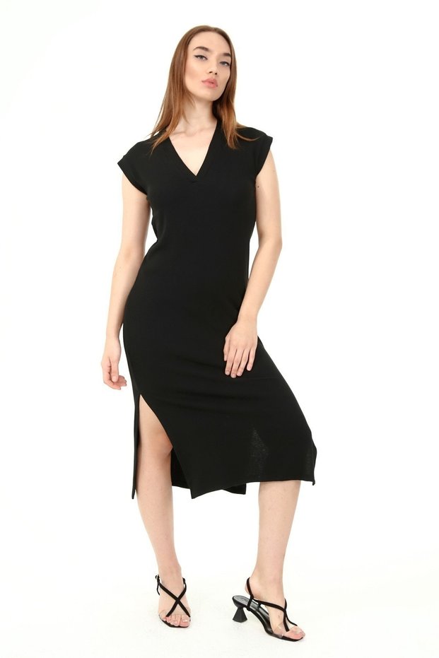Women's Black V-Neck Knitted Dress with Double Side Slits