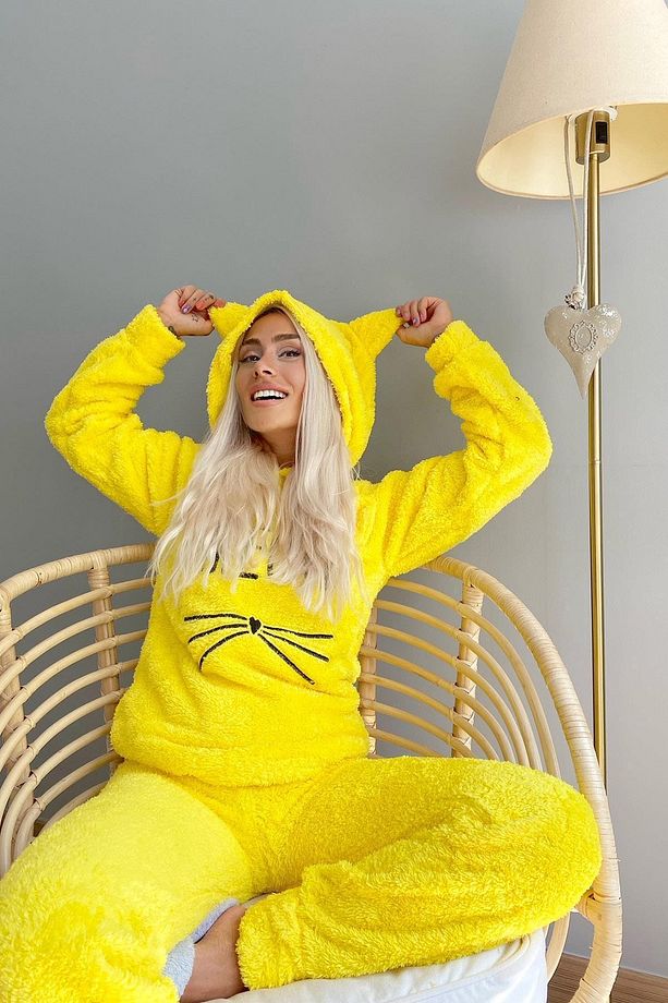 Sarı Meow Desenli Tam Peluş Pijama Takımı - 3
