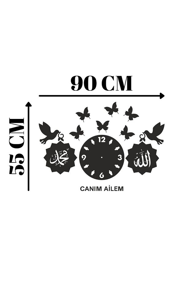 Siyah Ahşap Kuş Kelebek Canım Ailem Duvar Saati Salon Oturma Odası Mutfak Için 55x90 Duvar Dekoru - 4