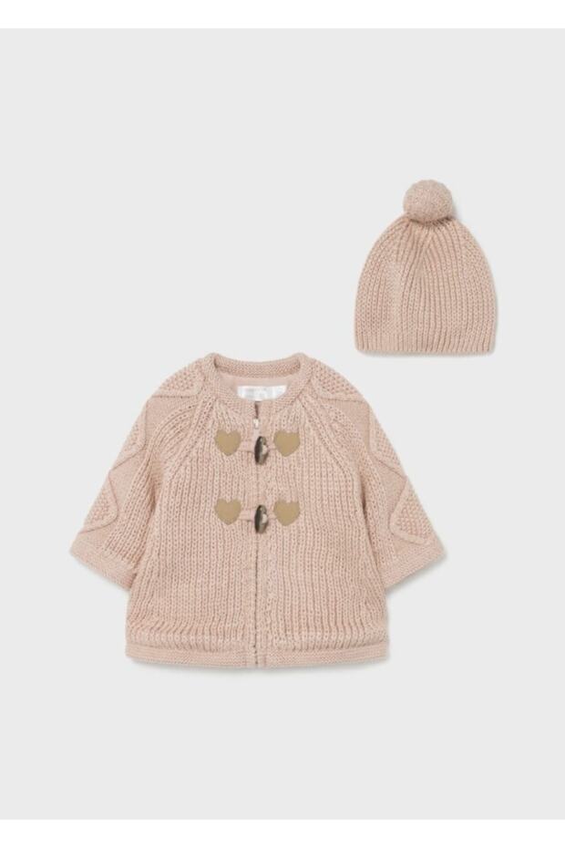 Baby Girl Velvet Lined Knitted Cardigan Beanie Set of 2
