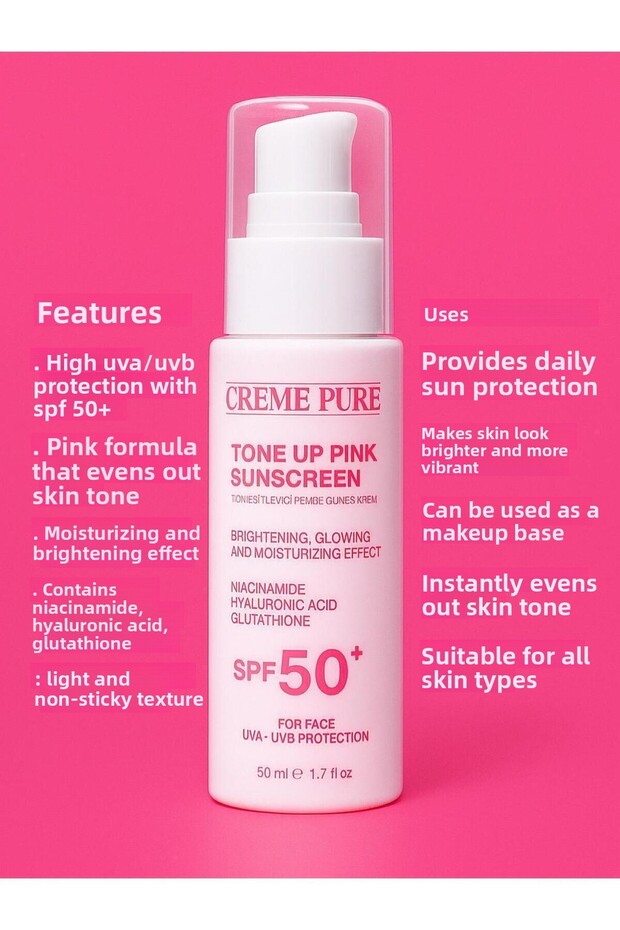 Anti-Blemish Tone Equalizing Spf 50+ Pink Colored Sunscreen with Glutathione, Hyaluronic Acid Effect 50 ml