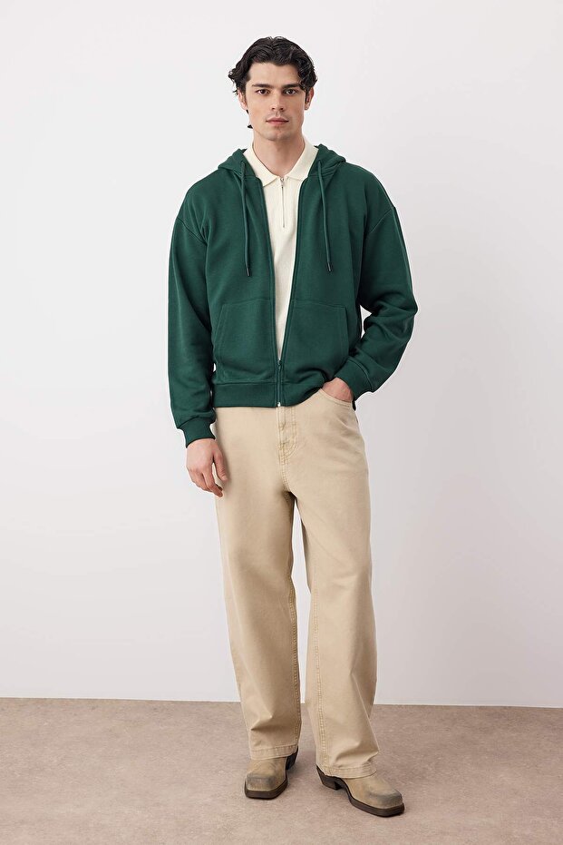 Koyu Yeşil Oversize/Geniş Kesim Fermuarlı Basic Şardonsuz Sweatshirt-Hırka TMNAW22SW0620 - 2