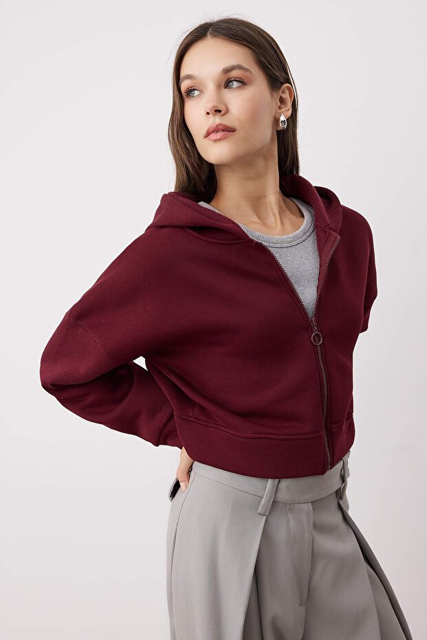 Bordo Fermuarlı Kapüşonlu Rahat Kesim Crop Kalın İçi Polarlı Örme Sweatshirt TWOAW20SW0660 - 2