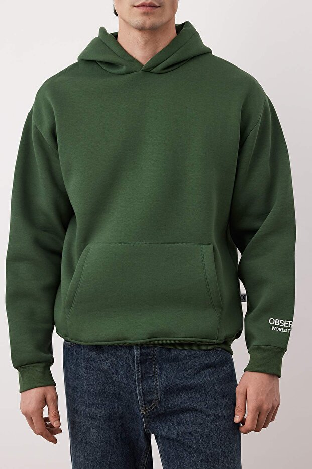 Haki Kapüşonlu Oversize/Geniş Kesim Nakışlı Etiketli Yumuşak Kumaş Sweatshirt TMNAW24SW00031 - 3