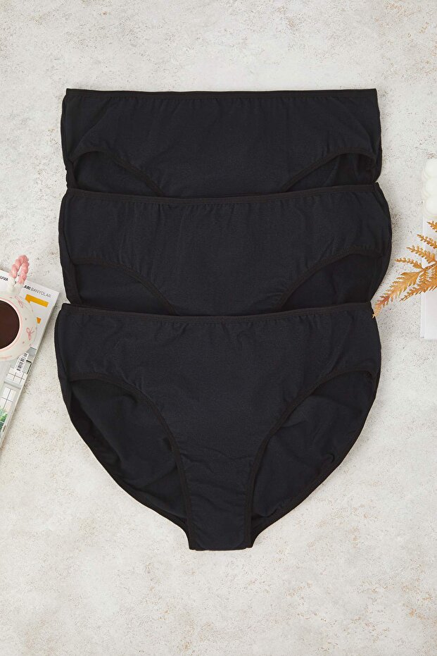Siyah 3'lü Paket Pamuklu Esnek Örme Klasik Büyük Beden Külot TBBSS23CM00003 - 2
