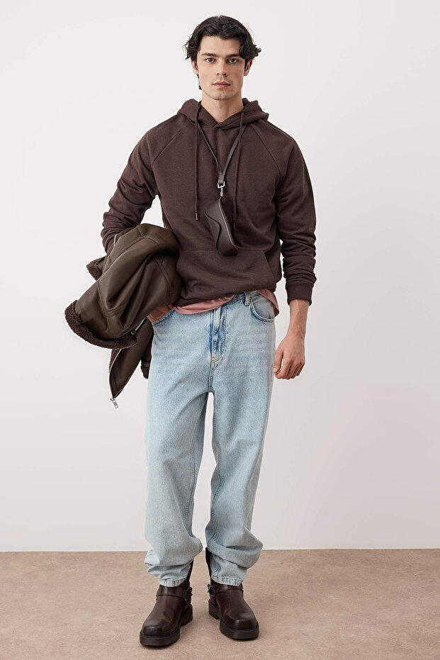 Dark Brown Regular/Normal Cut Hooded Fleece Inside/Warm Sweatshirt Tmnaw23Sw00194