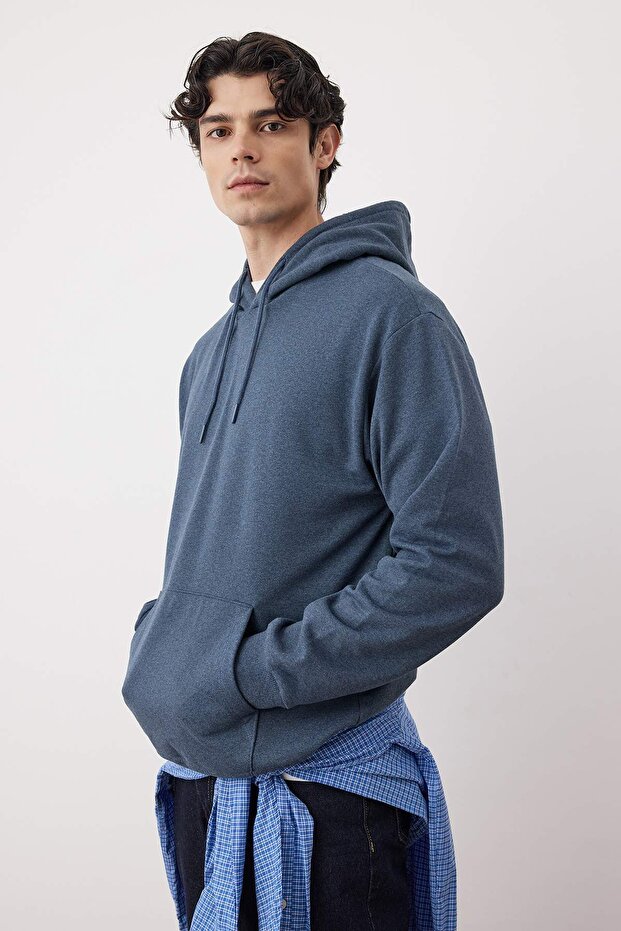 Indigo Oversize/Geniş Kesim Kapüşonlu İçi Polar/Sıcak Tutan Sweatshirt TMNAW23SW00195 - 3