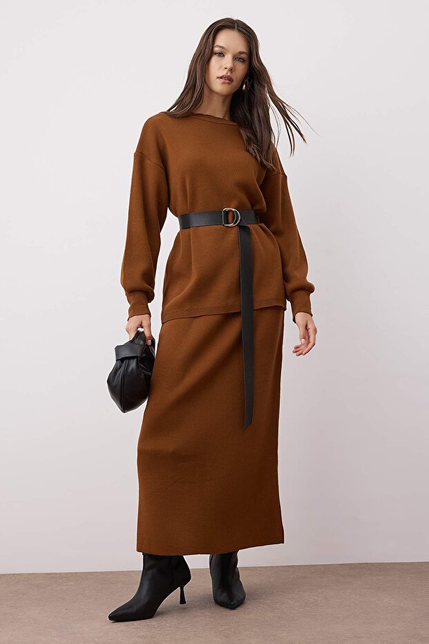 Açık Kahverengi Oversize Triko Etekli Alt - Üst Takım TCTAW26US00022 - 2