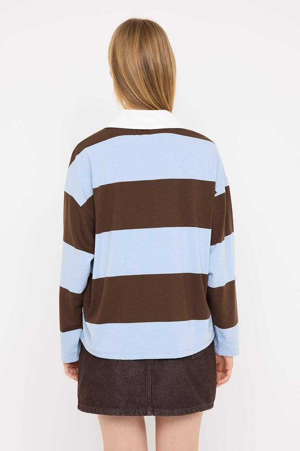 Kahverengi Çizgili Polo Yaka Oversize/Geniş Kalıp Örme Sweatshirt TWOAW26SW00051 - 4