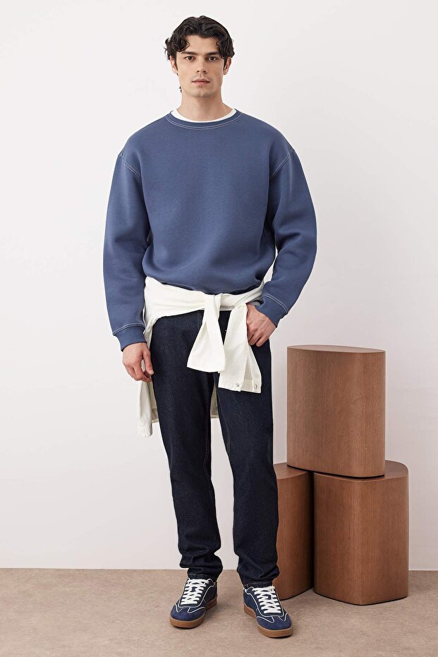 Soluk Indigo Oversize/Geniş Kesim Kontrast Dikiş Detaylı Bisiklet Yaka Sweatshirt TMNAW24SW00011 - 1