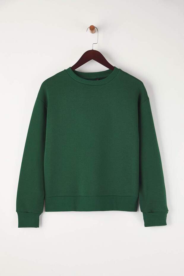 Zümrüt Yeşili Kalın İçi Polarlı Regular Kalıp Bisiklet Yaka Basic Örme Sweatshirt TWOAW24SW00101 - 5