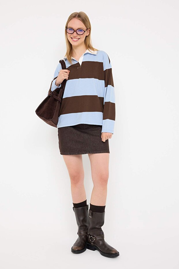Kahverengi Çizgili Polo Yaka Oversize/Geniş Kalıp Örme Sweatshirt TWOAW26SW00051 - 1