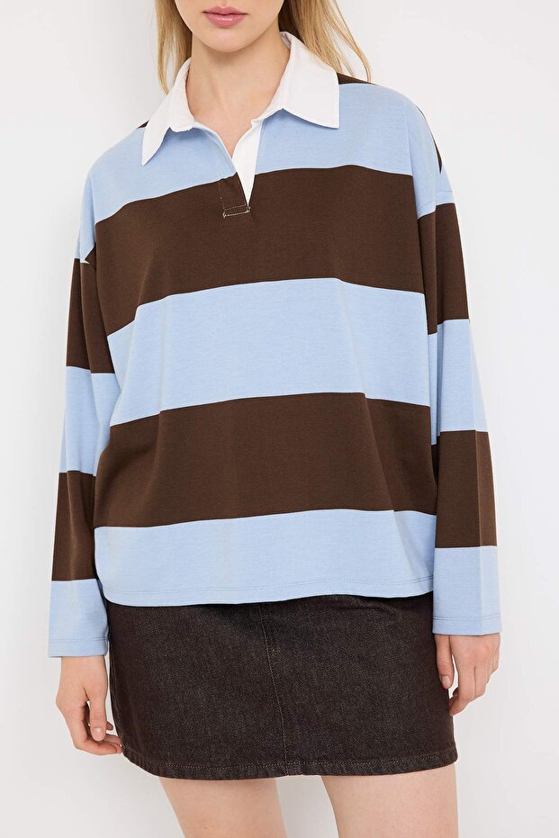 Kahverengi Çizgili Polo Yaka Oversize/Geniş Kalıp Örme Sweatshirt TWOAW26SW00051 - 3