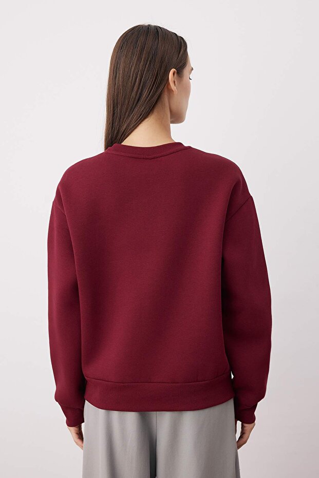 Bordo Animal Nakışlı Regular/Normal Kalıp Kalın İçi Polarlı Örme Sweatshirt TWOAW24SW00196 - 4