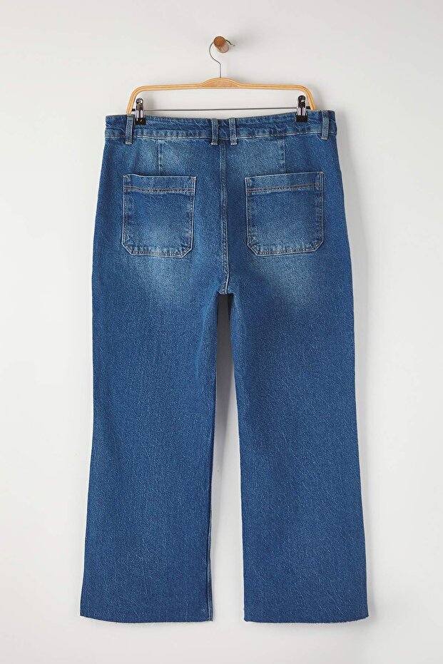 Mavi Yüksek Bel Paçası Kesikli Straight Fit Denim Büyük Beden Jeans TBBAW26CJ00033 - 6