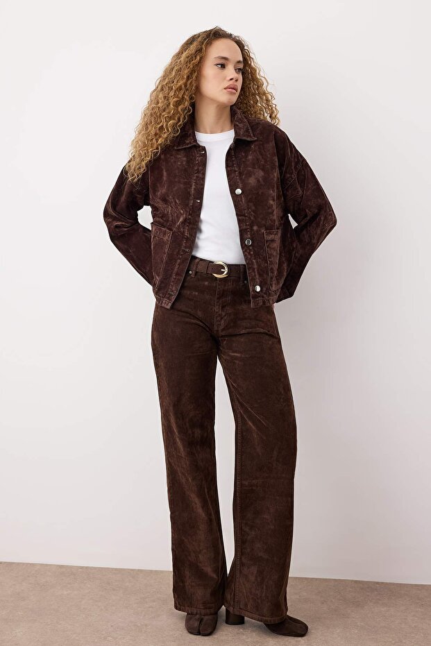 Kahverengi Süet Görünümlü Denim Ceket TWOAW25CE00078 - 1