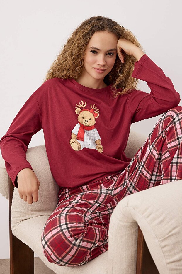 Kadın Couple/Çift Bordo %100 Pamuklu Yılbaşı Temalı Ekoseli Örme Pijama Takımı THMAW26PT00170 - 3