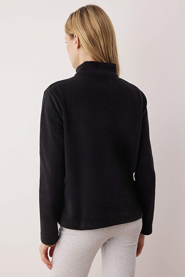 Siyah Polar Düz Dik Yaka Cepli Fermuarlı Regular/Normal Kesim Örme Sweatshirt TWOAW26SW00005 - 4