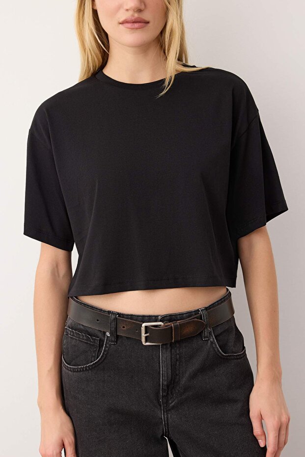 Siyah-Siyah 2'li Paket %100 Pamuk Relax/Rahat Kesim Crop Örme T-Shirt TWOSS24TS00224 - 4
