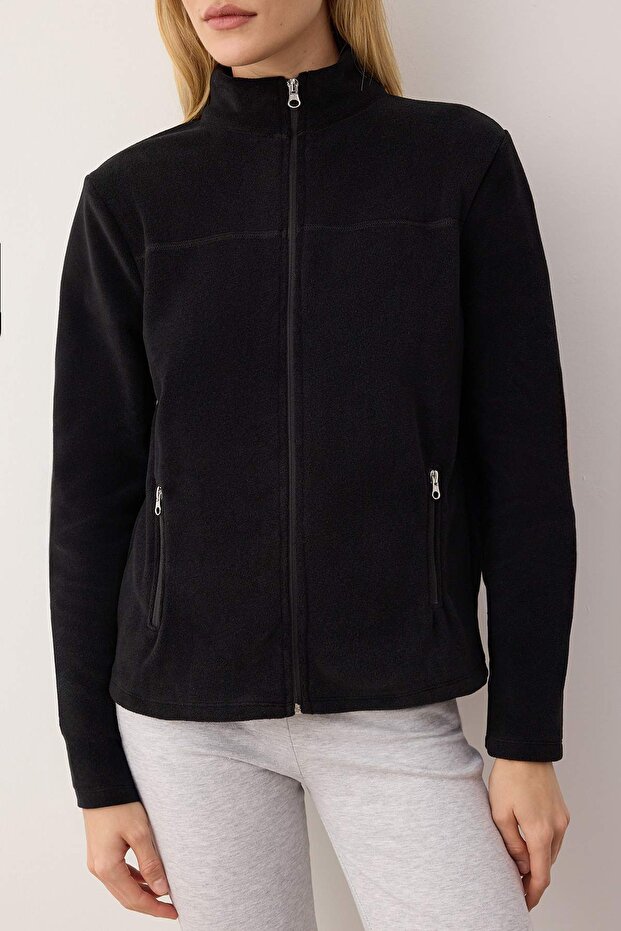 Siyah Polar Düz Dik Yaka Cepli Fermuarlı Regular/Normal Kesim Örme Sweatshirt TWOAW26SW00005 - 3